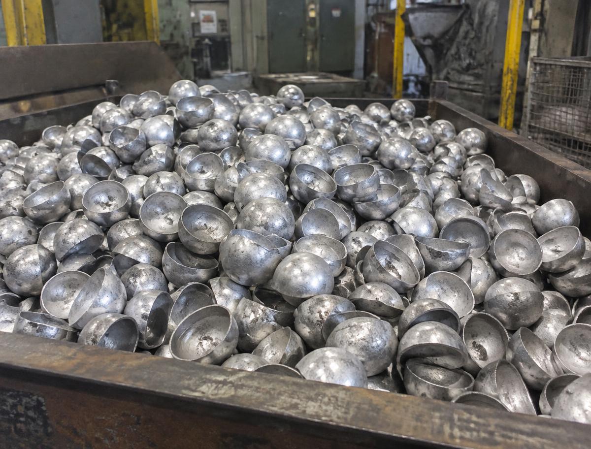 Cast aluminum hemispheres collected in a foundry bin